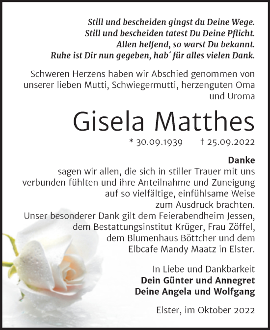 Traueranzeige von Gisela Matthes von Trauerkombi Wittenberg