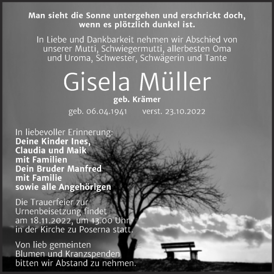 Traueranzeige von Gisela Müller von Trauerkombi Weißenfels