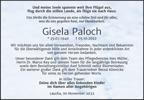 Traueranzeige von Gisela Paloch von Wochenspiegel Naumburg/Nebra