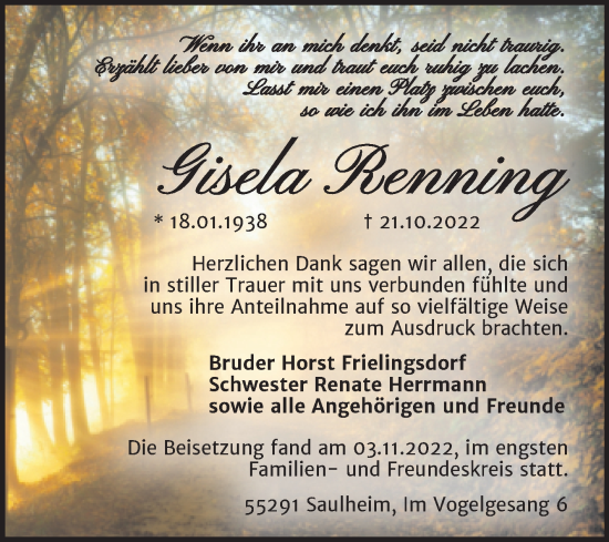 Traueranzeige von Gisela Renning von Trauerkombi Köthen