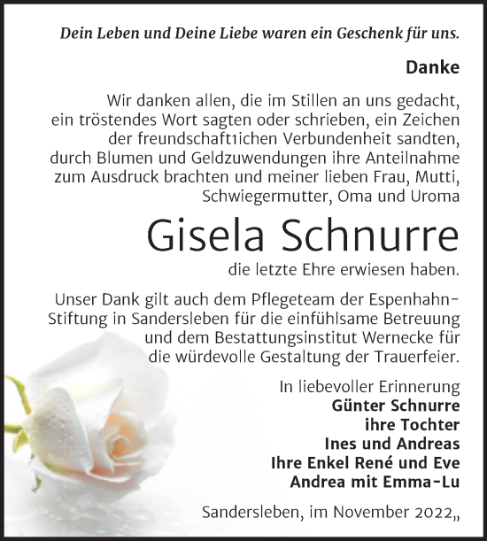 Traueranzeige von Gisela Schnurre von Trauerkombi Mansfelder Land