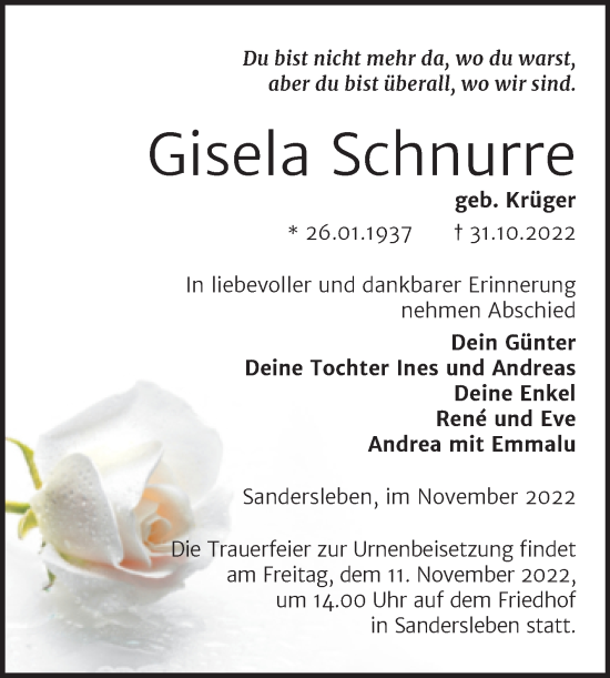 Traueranzeige von Gisela Schnurre von Trauerkombi Mansfelder Land