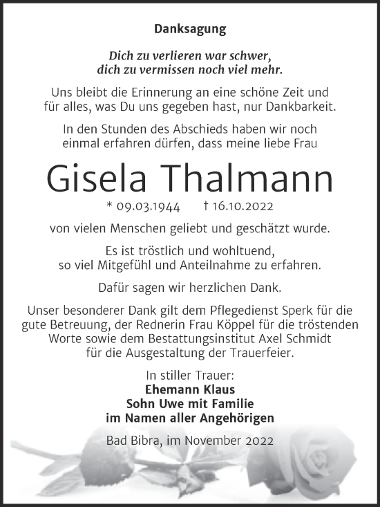Traueranzeige von Gisela Thalmann von Wochenspiegel Naumburg/Nebra