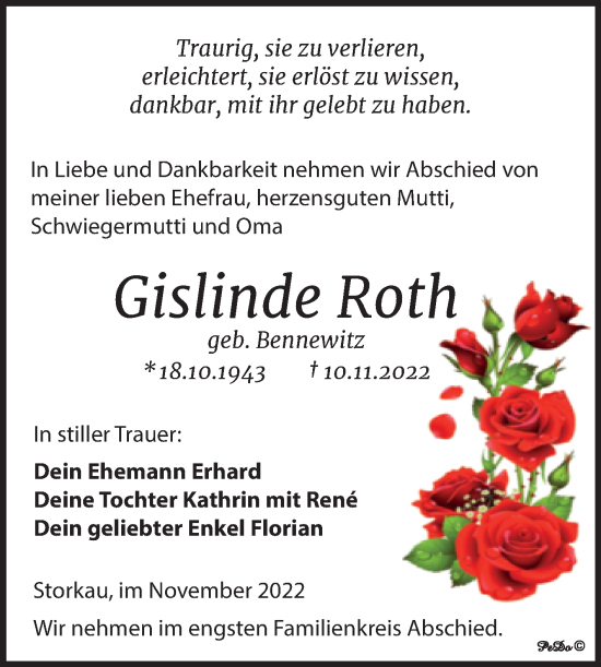 Traueranzeige von Gislinde Roth von Trauerkombi Weißenfels