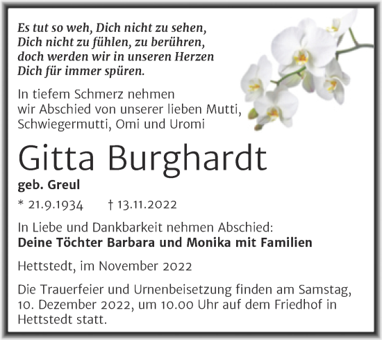 Traueranzeige von Gitta Burghardt von Trauerkombi Mansfelder Land