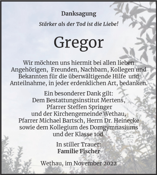 Traueranzeige von Gregor  von Wochenspiegel Naumburg/Nebra