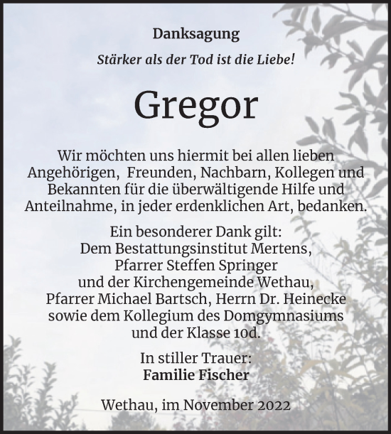 Traueranzeige von Gregor  von Trauerkombi Zeitz