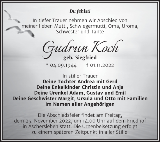 Traueranzeige von Gudrun Koch von Trauerkombi Aschersleben