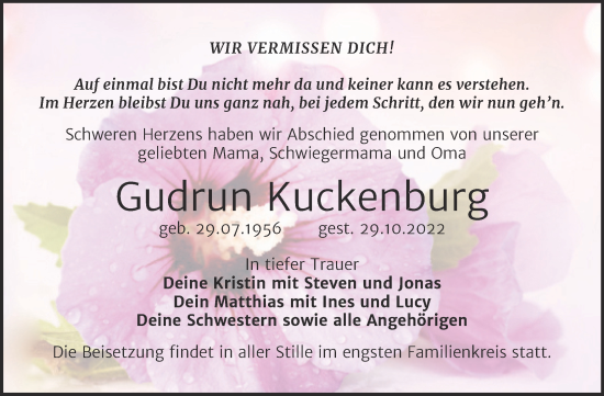 Traueranzeige von Gudrun Kuckenburg von Trauerkombi Merseburg