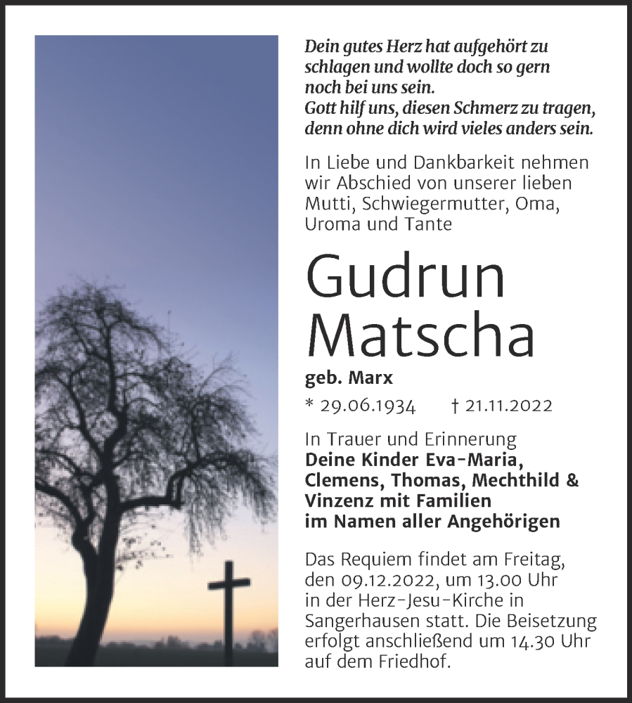  Traueranzeige für Gudrun Matscha vom 26.11.2022 aus Trauerkombi Sangerhausen