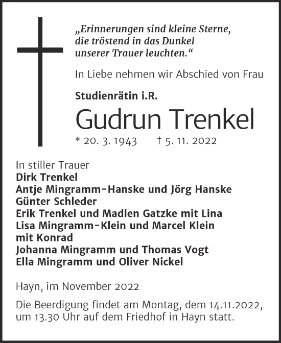 Traueranzeige von Gudrun Trenkel von Trauerkombi Sangerhausen