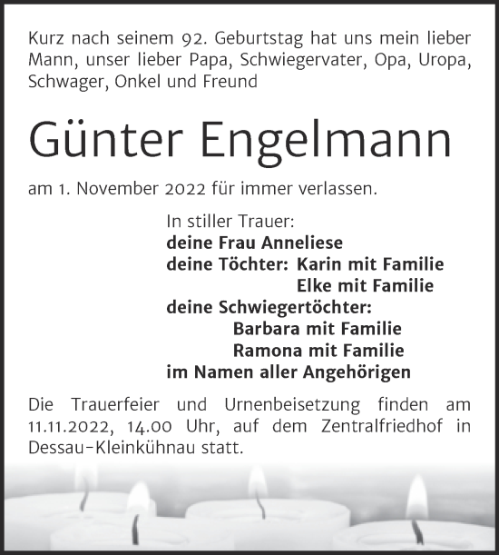 Traueranzeige von Günter Engelmann von Trauerkombi Dessau