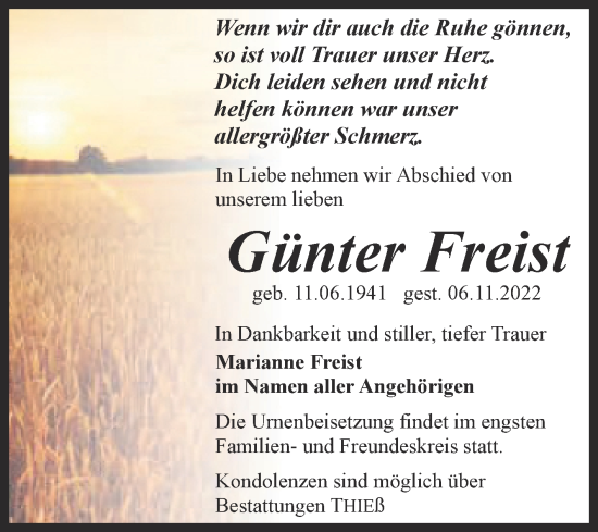 Traueranzeige von Günter Freist von Trauerkombi Quedlinburg