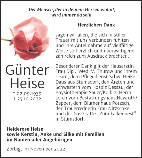 Traueranzeige von Günter Heise von Trauerkombi Bitterfeld
