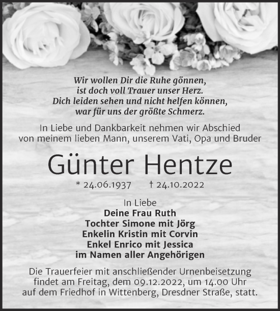 Traueranzeige von Günter Hentze von Mitteldeutsche Zeitung Halle/Saalkreis