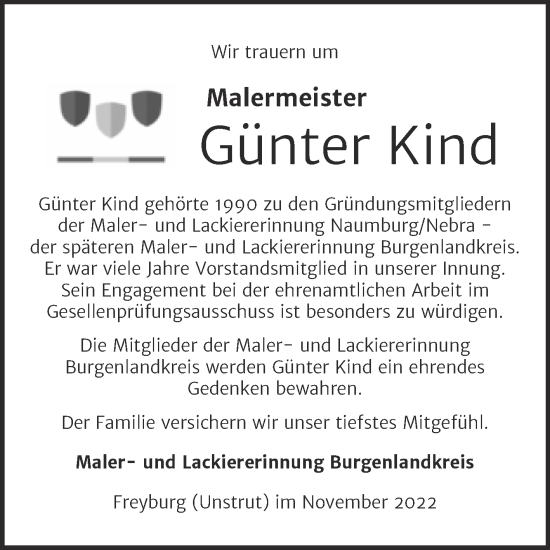 Traueranzeige von Günter Kind von Wochenspiegel Naumburg/Nebra