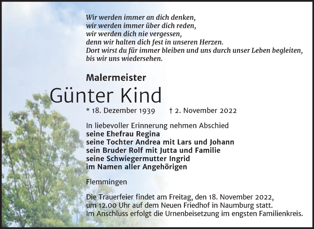 Traueranzeige für Günter Kind vom 09.11.2022 aus Wochenspiegel Naumburg/Nebra