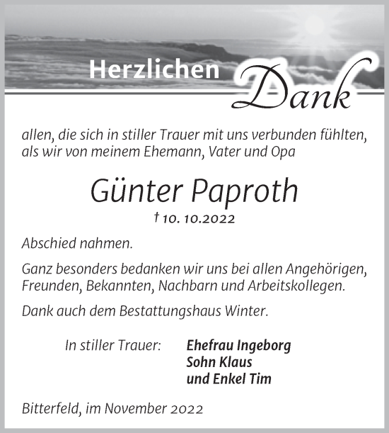 Traueranzeige von Günter Paproth von Trauerkombi Bitterfeld