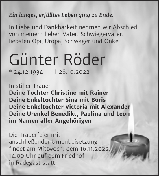 Traueranzeige von Günter Röder von Trauerkombi Köthen