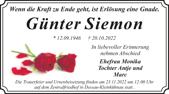 Traueranzeige von Günter Siemon von Trauerkombi Dessau