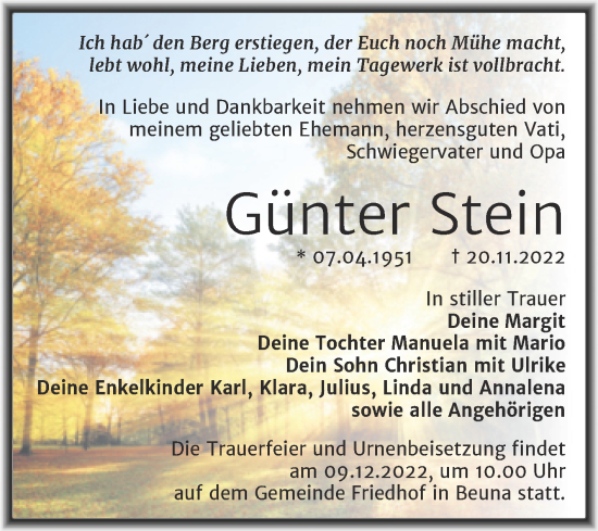 Traueranzeige von Günter Stein von Trauerkombi Merseburg