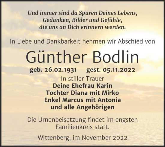Traueranzeige von Günther Bodlin von Trauerkombi Wittenberg
