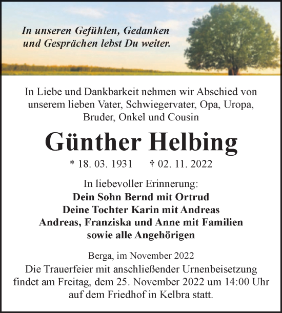 Traueranzeige von Günther Helbing von Trauerkombi Sangerhausen