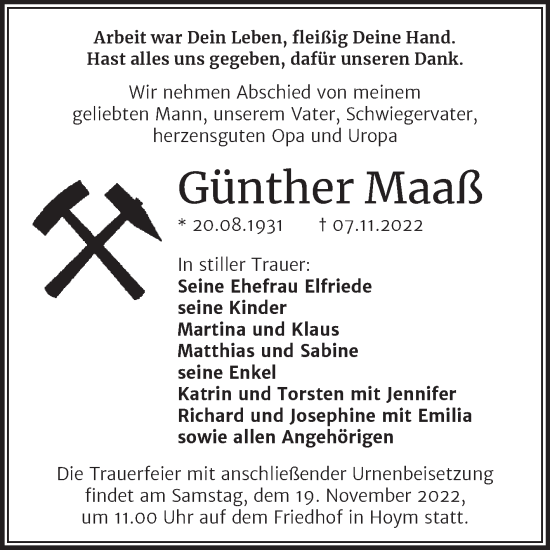 Traueranzeige von Günther Maaß von Trauerkombi Aschersleben