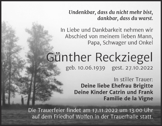 Traueranzeige von Günther Reckziegel von Trauerkombi Bitterfeld