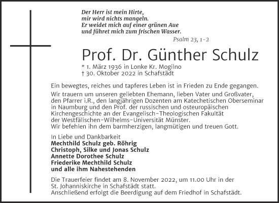 Traueranzeige von Günther Schulz von Mitteldeutsche Zeitung Halle/Saalkreis