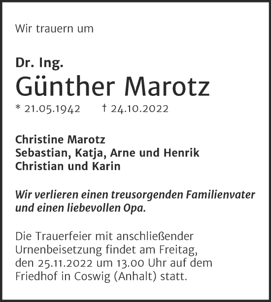 Traueranzeige von Gunther Marotz von Trauerkombi Wittenberg
