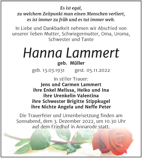 Traueranzeige von Hanna Lammert von Trauerkombi Mansfelder Land