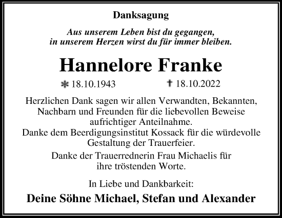 Traueranzeige von Hannelore Franke von Trauerkombi Dessau