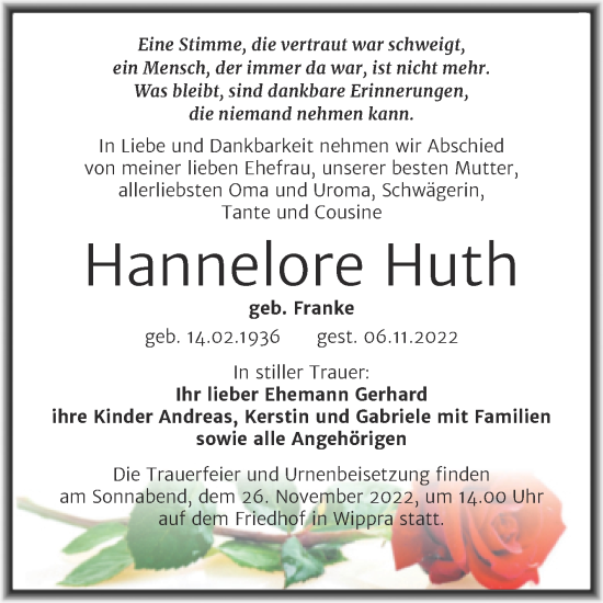 Traueranzeige von Hannelore Huth von Mitteldeutsche Zeitung Mansfelder Land