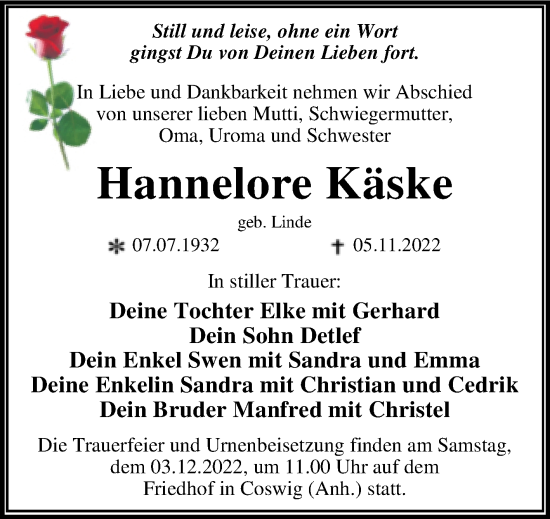 Traueranzeige von Hannelore Käske von Trauerkombi Wittenberg