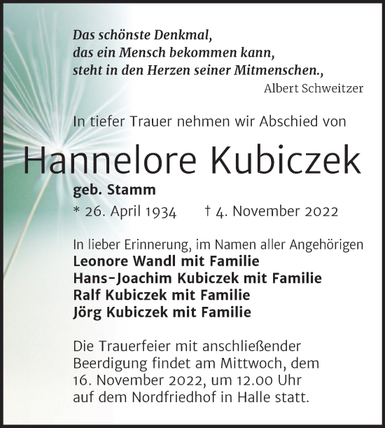 Traueranzeige von Hannelore Kubiczek von Mitteldeutsche Zeitung Halle/Saalkreis
