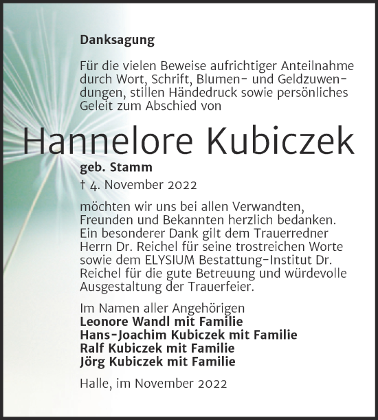 Traueranzeige von Hannelore Kubiczek von Mitteldeutsche Zeitung Halle/Saalkreis