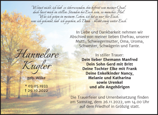Traueranzeige von Hannelore Kugler von Trauerkombi Köthen