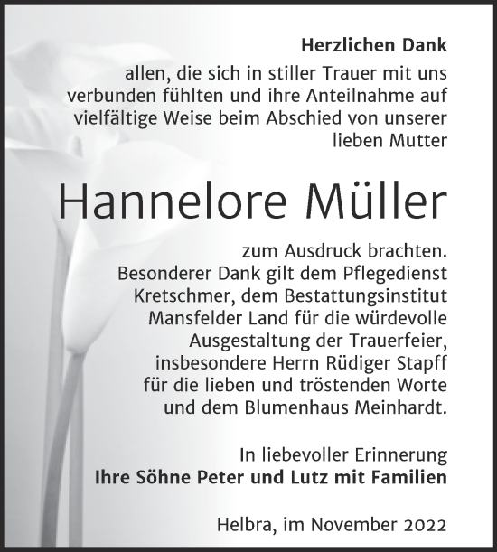Traueranzeige von Hannelore Müller von Trauerkombi Mansfelder Land