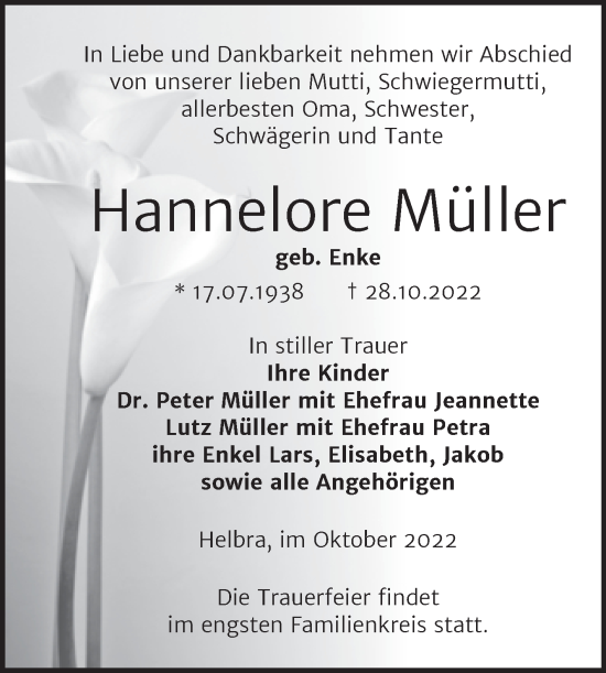 Traueranzeige von Hannelore Müller von Trauerkombi Mansfelder Land