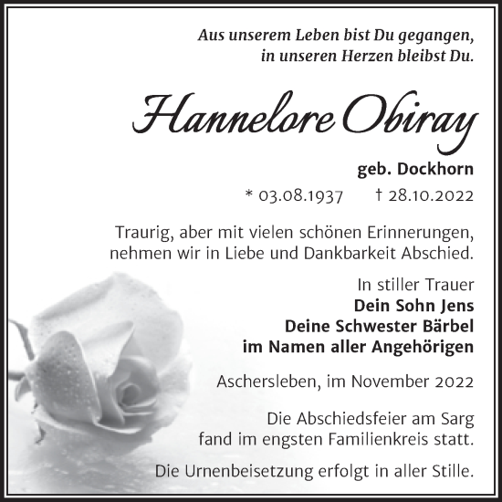 Traueranzeige von Hannelore Obiray von Trauerkombi Aschersleben