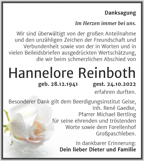 Traueranzeige von Hannelore Reinboth von Trauerkombi Köthen