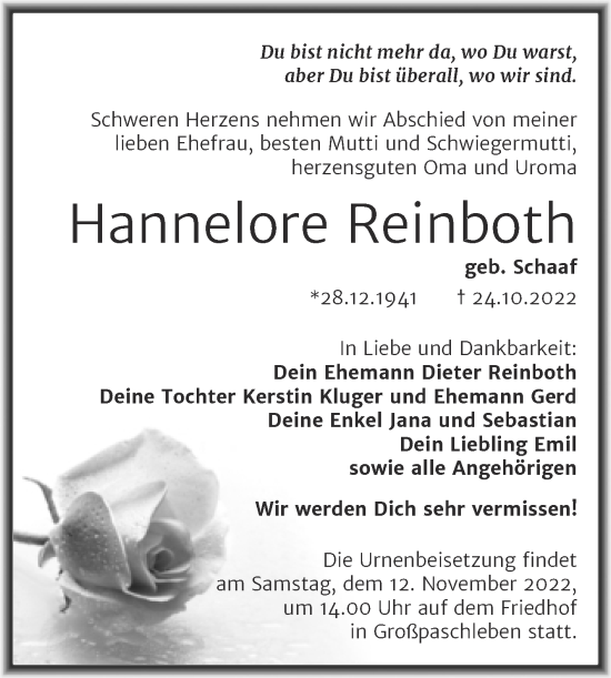 Traueranzeige von Hannelore Reinboth von Trauerkombi Köthen