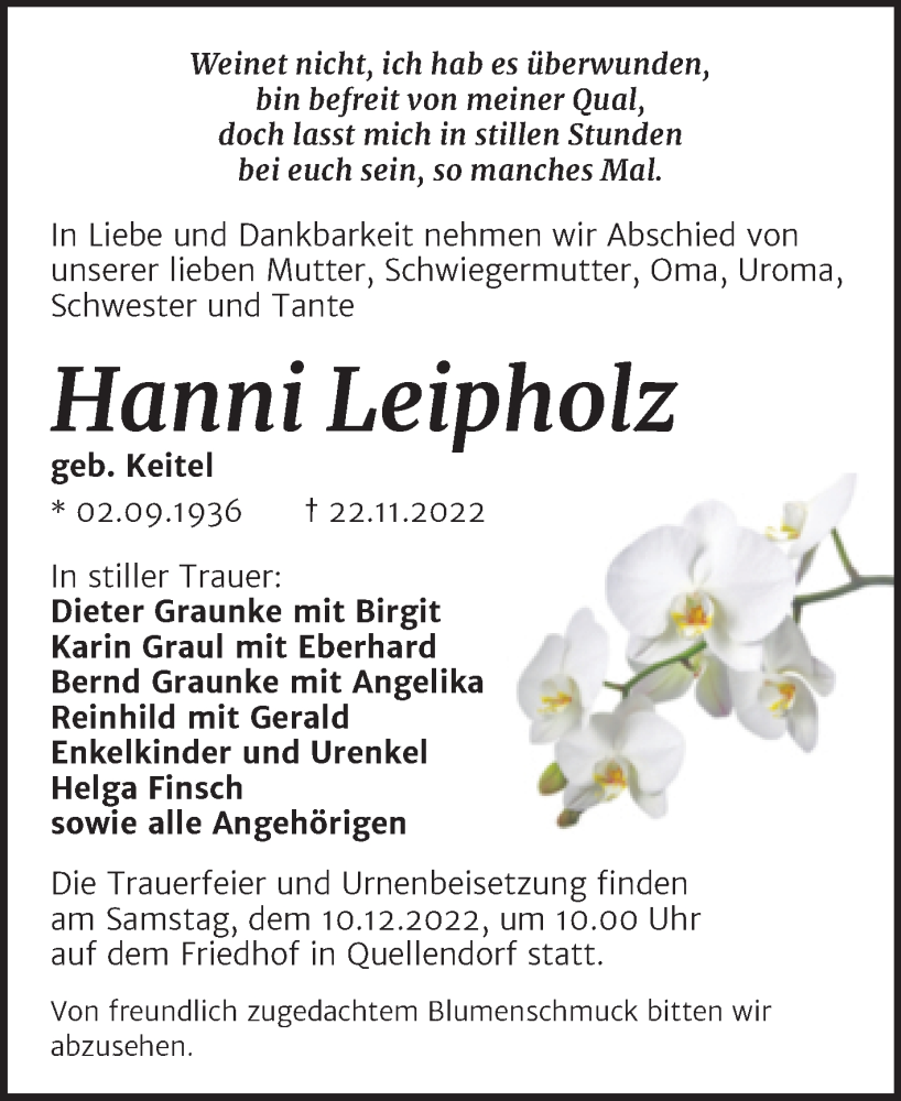  Traueranzeige für Hanni Leipholz vom 26.11.2022 aus Trauerkombi Köthen