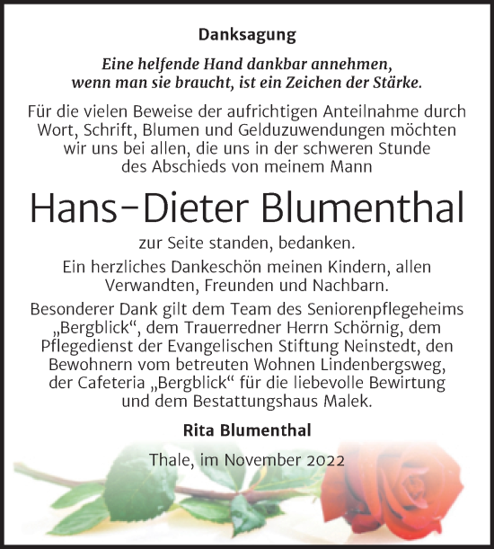 Traueranzeige von Hans-Dieter Blumenthal von Trauerkombi Quedlinburg