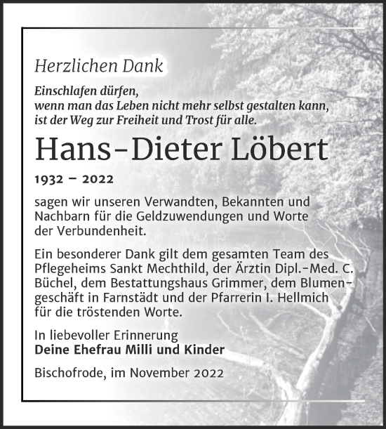 Traueranzeige von Hans-Dieter Löbert von Trauerkombi Mansfelder Land