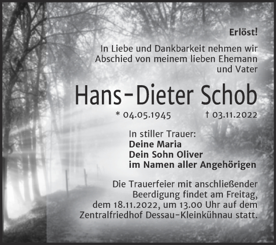 Traueranzeige von Hans-Dieter Schob von Trauerkombi Dessau