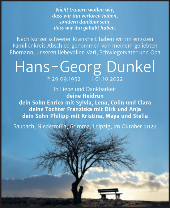 Traueranzeige von Hans-Georg Dunkel von Wochenspiegel Naumburg/Nebra