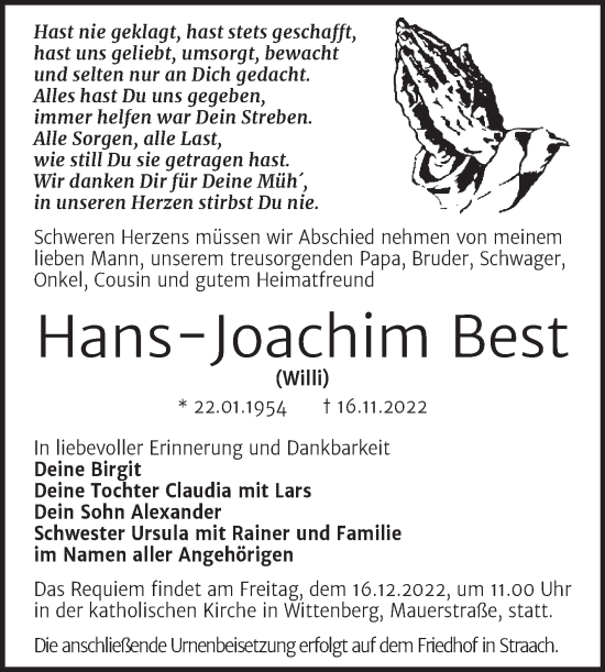 Traueranzeige von Hans-Joachim Best von Trauerkombi Wittenberg