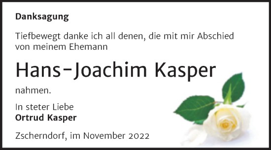 Traueranzeige von Hans-Joachim Kasper von Trauerkombi Bitterfeld